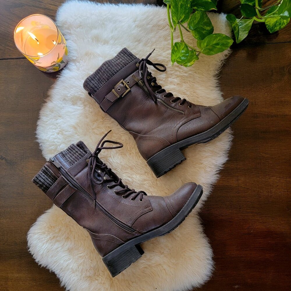 Faux Leather Brown Sweater Lined Boots Size 8